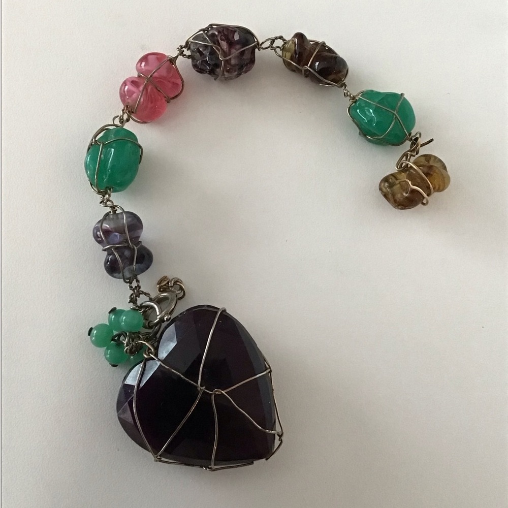 VINTAGE GERMANY Wire-wrapped Bracelet with Large Heart-shaped Amethyst.  Marked.